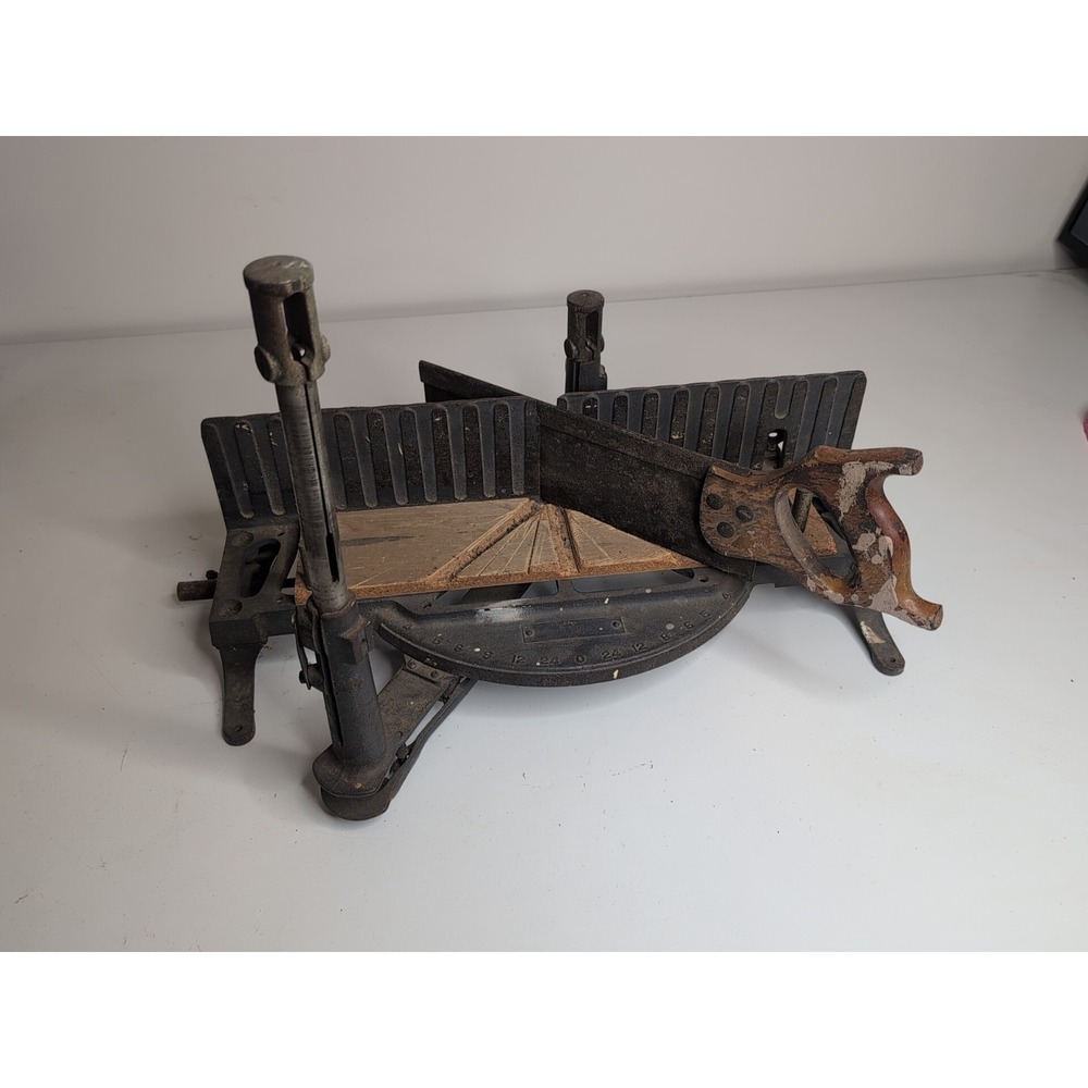 Vintage Stanley No. 2358 Miter Box w/ 17" Back Saw – Cast Iron & Wood USA